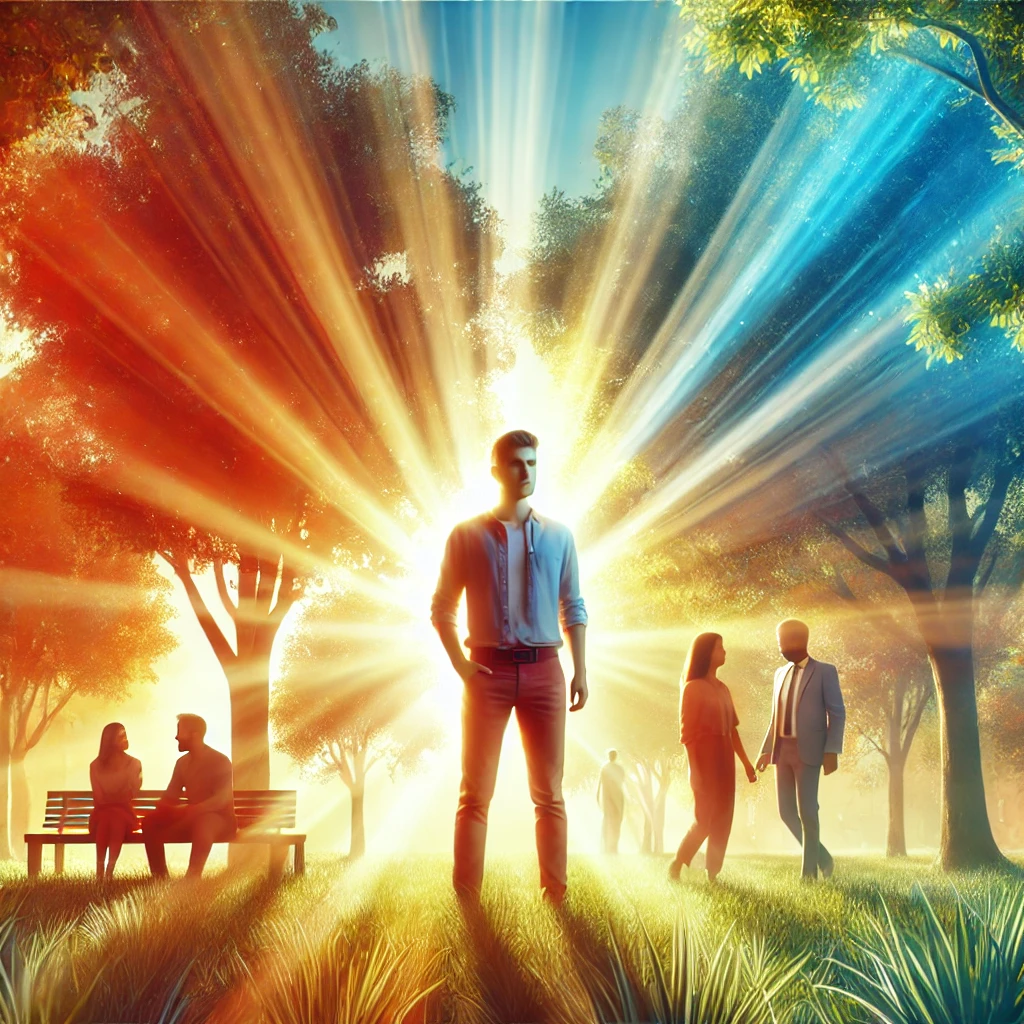 A confident person standing in a sunlit park, surrounded by vibrant greenery and engaging with friends in the background, symbolizing triumph over social anxiety.