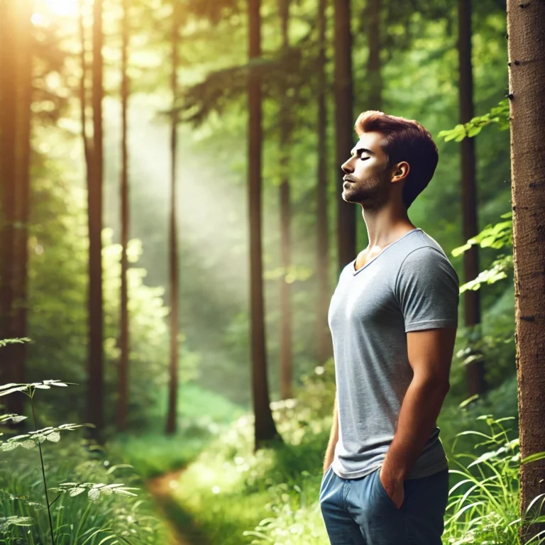 A man standing outdoors in a peaceful natural setting, practicing deep breathing with a calm expression. He is surrounded by lush greenery and soft sunlight streaming through the trees.