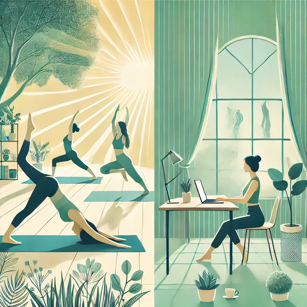 A serene scene combining a yoga class and a modern office setting: individuals practicing yoga poses in a bright studio on one side, and a person mindfully working at a tidy desk on the other, with calming elements like a plant and a cup of tea.