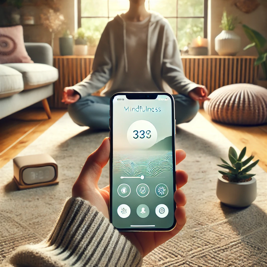 A person meditating in a peaceful home environment with a smartphone nearby displaying a mindfulness app interface. The scene includes soft natural light, a cozy rug, and minimalistic decor, emphasizing relaxation and focus.