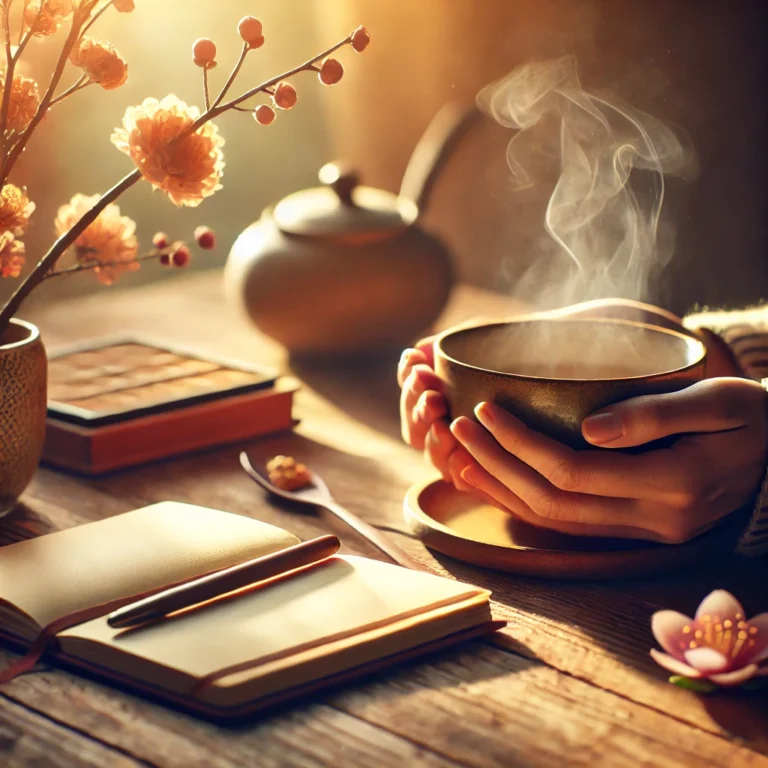 Close-up of hands holding a steaming cup of tea on a wooden table, accompanied by an open notebook and a vase of blooming flowers, with warm natural lighting creating a cozy and serene atmosphere.