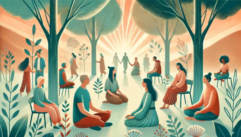 A serene scene showing diverse individuals engaging in mindful activities like deep breathing, holding hands, and having meaningful conversations in a natural setting with sunlight filtering through trees, symbolizing connection and harmony.