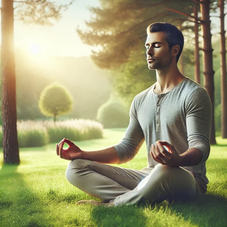 A serene individual practicing mindfulness outdoors, sitting cross-legged on soft grass with eyes closed, surrounded by a calming natural landscape.