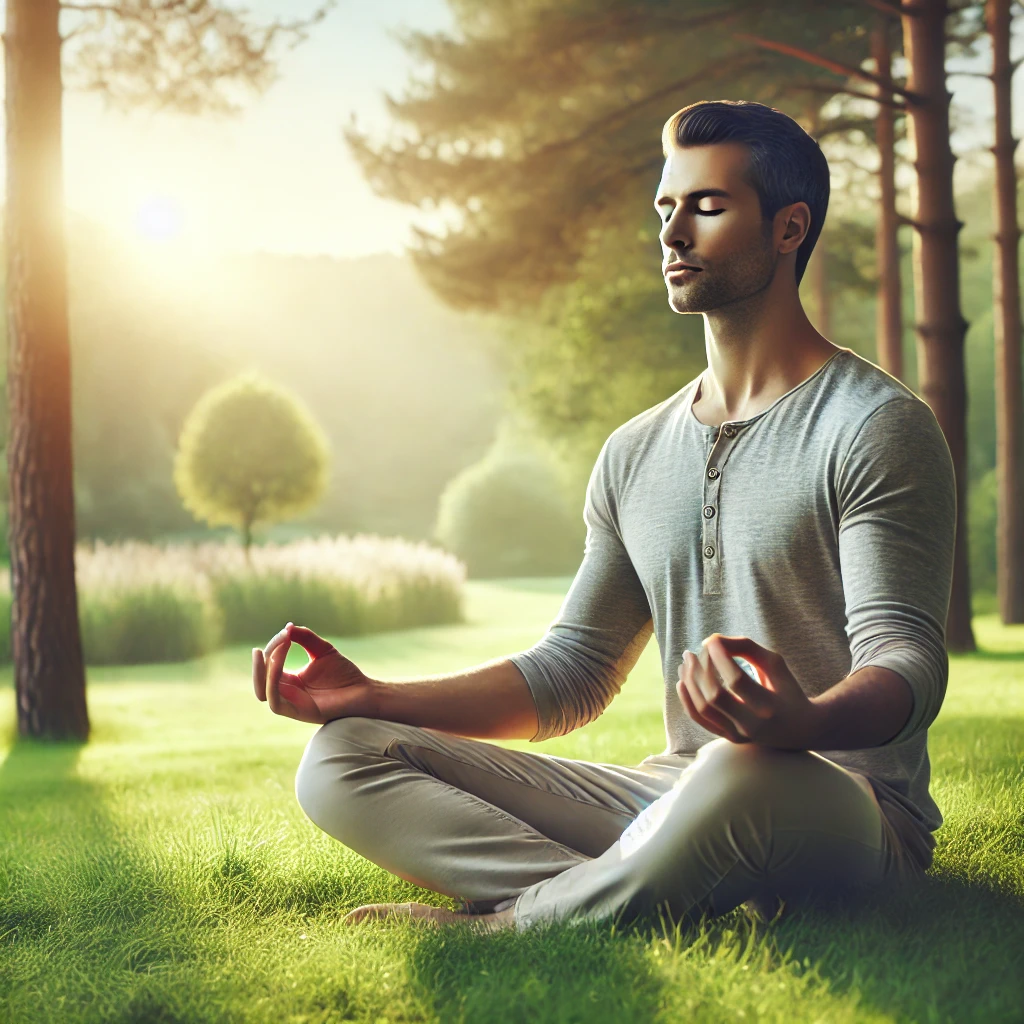 A serene individual practicing mindfulness outdoors, sitting cross-legged on soft grass with eyes closed, surrounded by a calming natural landscape.