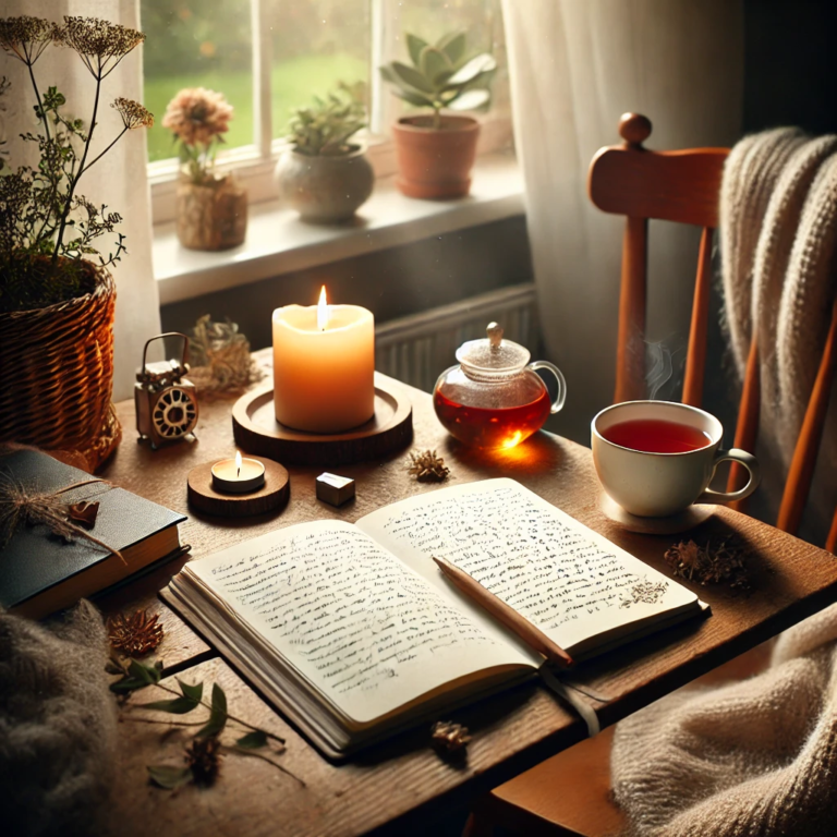 A cozy journaling setup featuring an open notebook with handwritten notes, a pen, and a steaming cup of tea on a wooden desk. Surrounding the setup are calming elements like a small potted plant, a glowing candle, and a warm blanket on a chair, with soft natural light streaming through a nearby window.