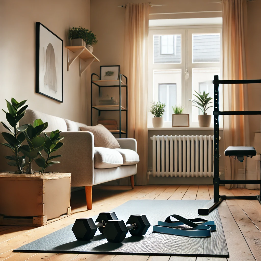 Home gym setup with resistance bands and dumbbells in a small living room.