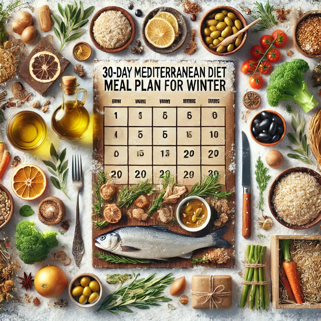 A cozy winter-themed image depicting a 30-day Mediterranean diet meal plan with fresh ingredients like olive oil, fish, vegetables, grains, and a calendar design.