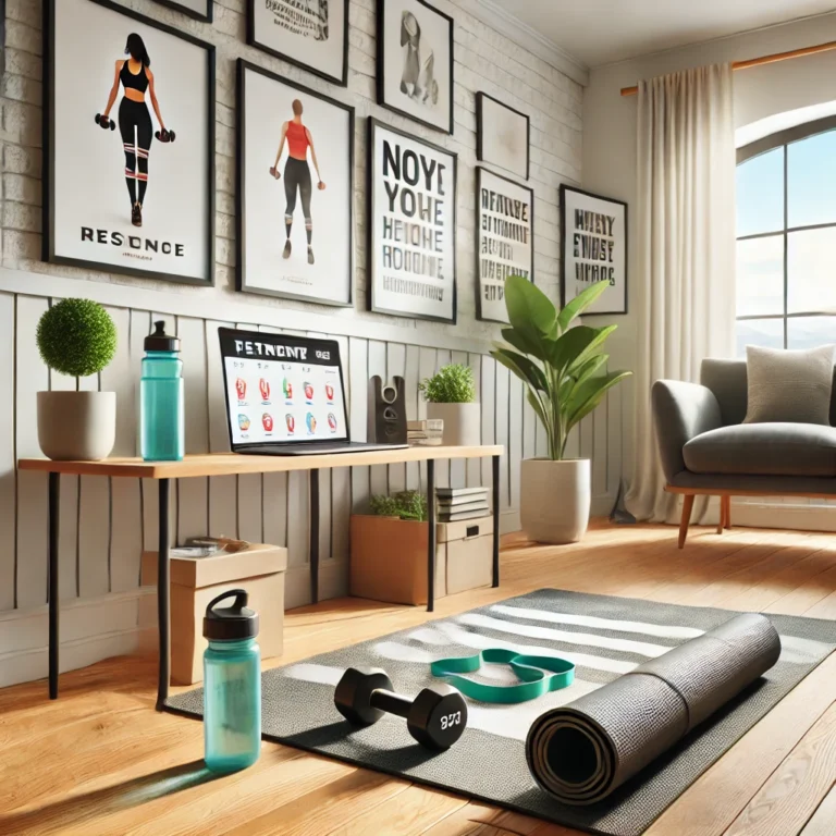 A neatly arranged home workout setup in a cozy living room corner, featuring a yoga mat, dumbbells, resistance bands, and a water bottle with natural sunlight streaming in.