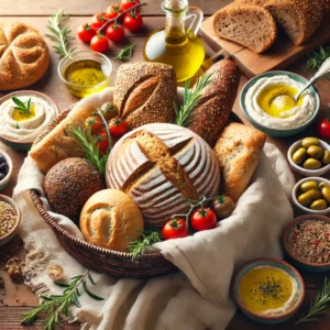 A Mediterranean-inspired table setting featuring a basket of whole grain sourdough, whole wheat pita, and seeded bread, surrounded by olive oil, hummus, tzatziki, olives, and cherry tomatoes on a wooden table.