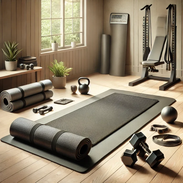 A fatigue mat in a home gym setting with additional workout equipment such as a yoga mat and dumbbells.