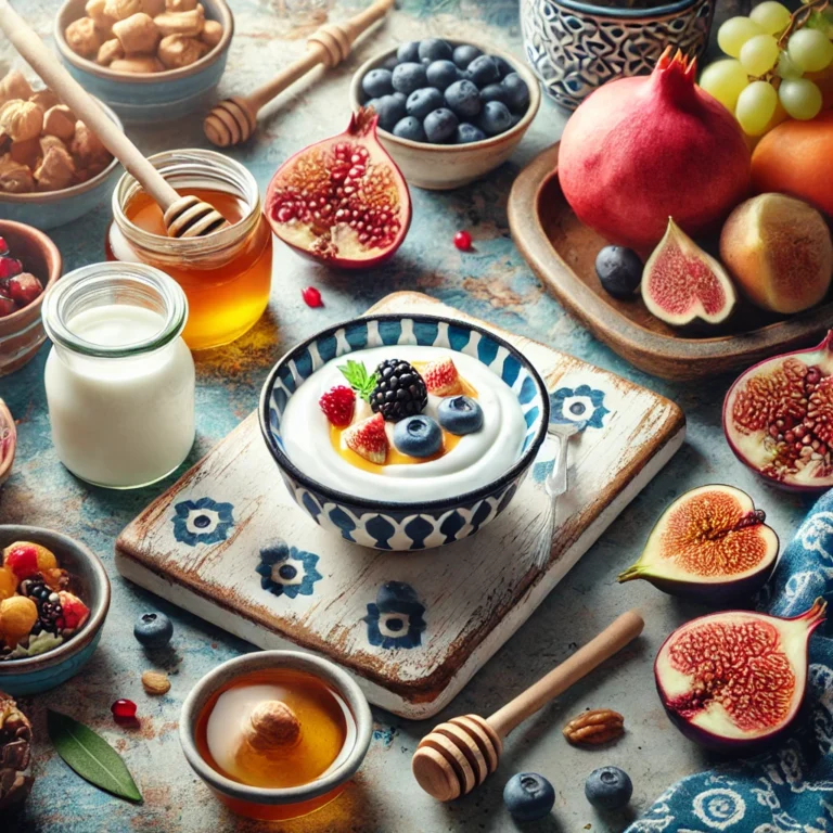 A bowl of Chobani Greek yogurt surrounded by fresh fruits, nuts, honey, and olive oil on a rustic Mediterranean-style table setting.