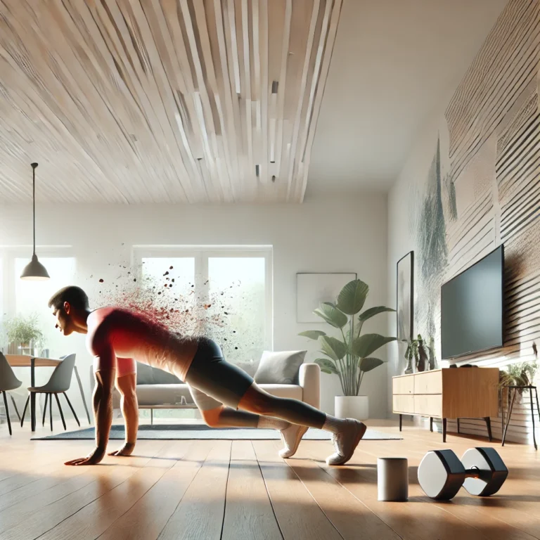 A person performing a dynamic plank exercise in a bright and modern living room, with sunlight streaming through large windows and fitness equipment nearby