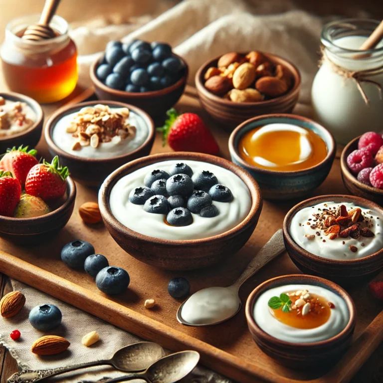 An assortment of yogurt varieties including Greek yogurt, skyr, sheep's milk yogurt, and non-dairy options, garnished with berries, nuts, and honey on a rustic table.