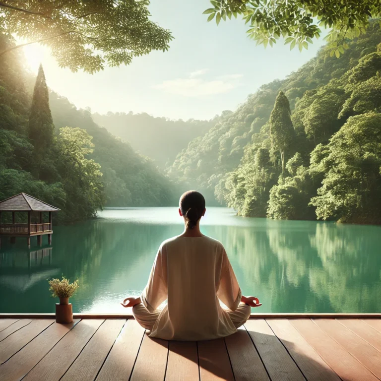 A person meditating on a wooden deck by a calm lake surrounded by lush greenery, under a clear sky with soft sunlight.