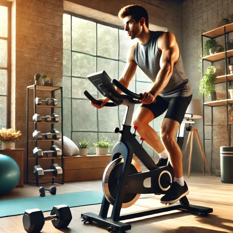 A fit man in his mid-30s riding a stationary bike in a bright and well-organized home gym, with natural light streaming through a window and fitness equipment nearby.