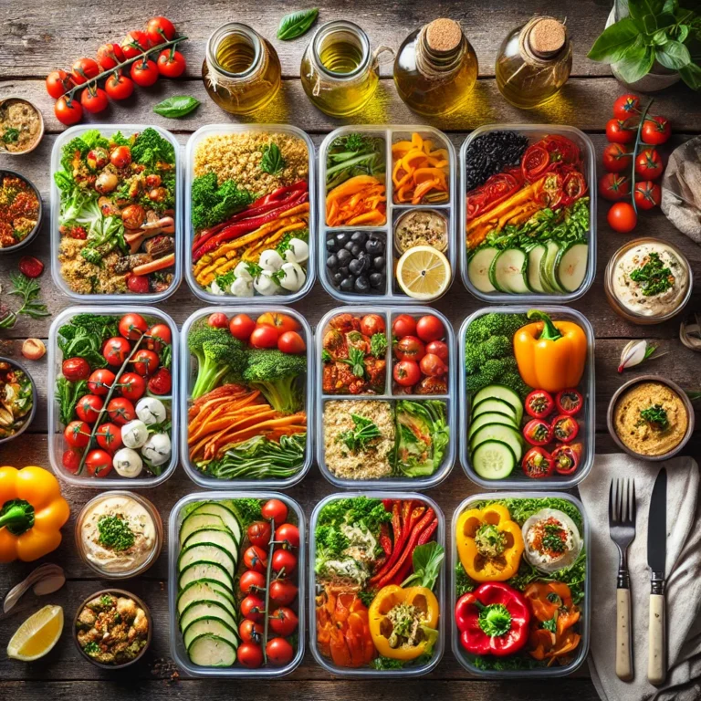 A flat-lay view of 15 Mediterranean diet meal prep dishes arranged on a rustic wooden table. The vibrant meals include roasted vegetable quinoa bowls, hummus and veggie snack packs, stuffed bell peppers, Caprese salad mason jars, and grilled veggie platters, with fresh garnishes like herbs, lemon slices, and olive oil bottles for an authentic Mediterranean vibe.