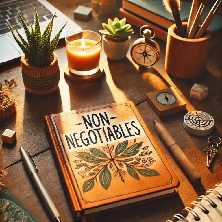 A motivational desk setup featuring a journal titled "Non-Negotiables," surrounded by a lit candle, a small potted plant, and a pen, illuminated by warm sunlight.