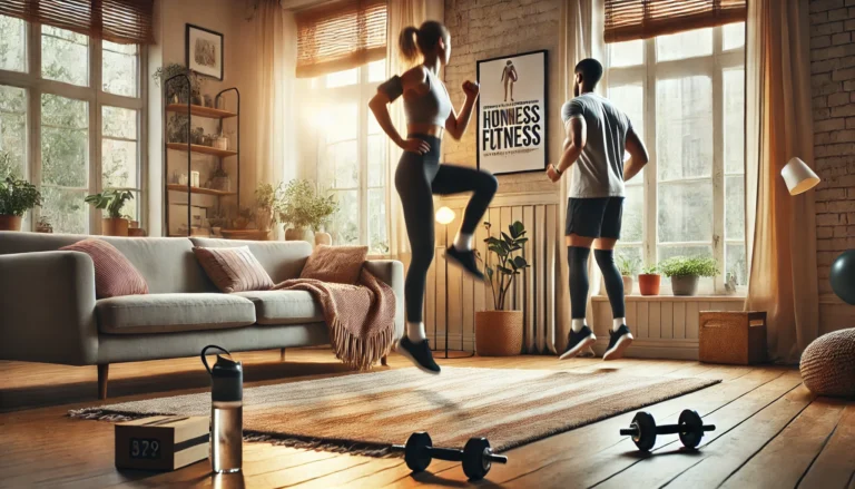 Person doing an at-home cardio workout, performing jumping jacks in a bright living room.