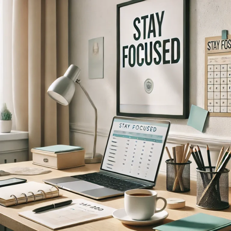 A tidy office workspace featuring a desk with a laptop displaying a to-do list, a cup of coffee, and a motivational poster on the wall reading "Stay Focused.