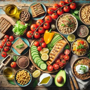 A Mediterranean diet meal spread featuring fresh vegetables, whole grains, legumes, lean proteins, healthy fats, and dairy on a rustic wooden table.