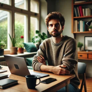 A remote worker sitting at a desk in a home office, looking thoughtful. The workspace includes a laptop, coffee cup, bookshelves, and plants.