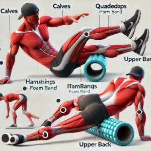 A person demonstrating foam rolling exercises for different muscle groups, including calves, quadriceps, hamstrings, IT band, upper back, and shoulders.