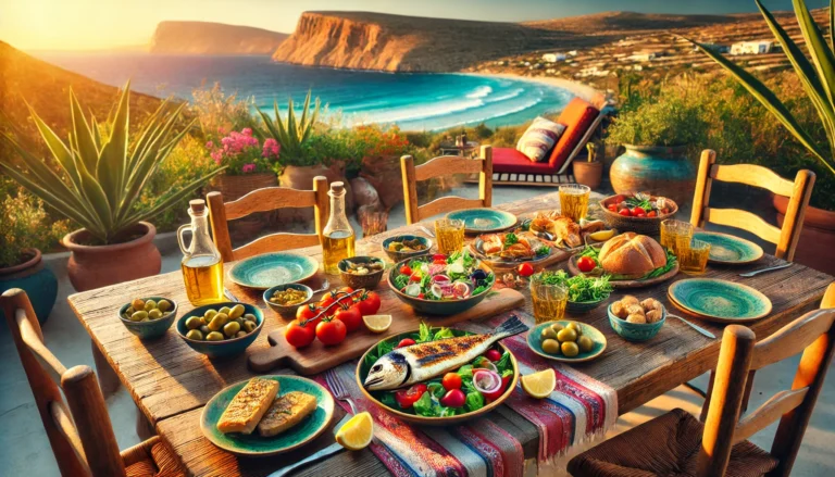 Mediterranean Diet, A vibrant Mediterranean dinner table set outdoors with colorful dishes like Greek salad, grilled fish, and olives, overlooking a coastal view during golden hour.