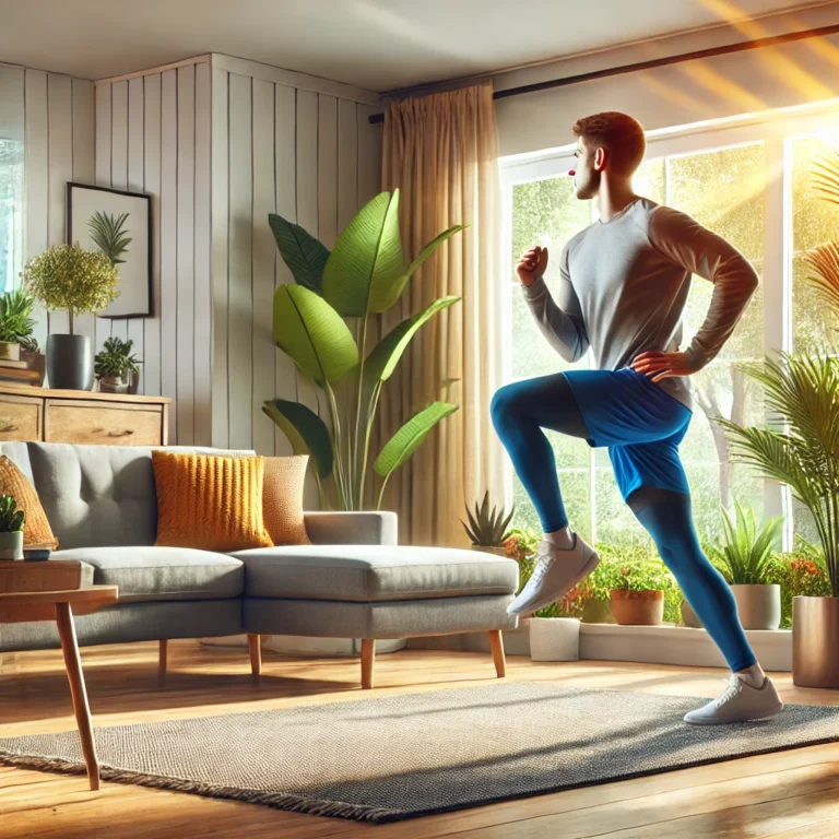 Person performing high knees in a modern, well-lit living room with potted plants and cozy decor.