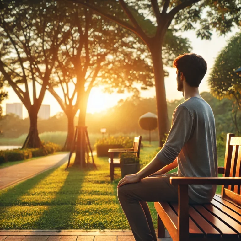 A person sitting on a wooden bench in a park during sunset, surrounded by lush greenery, symbolizing calmness and mindfulness.