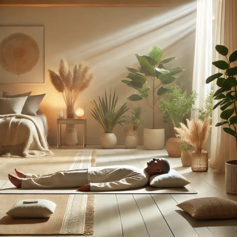 A person practicing body scan meditation lying on a yoga mat in a calm, softly lit room with natural decor, plants, and warm neutral tones.