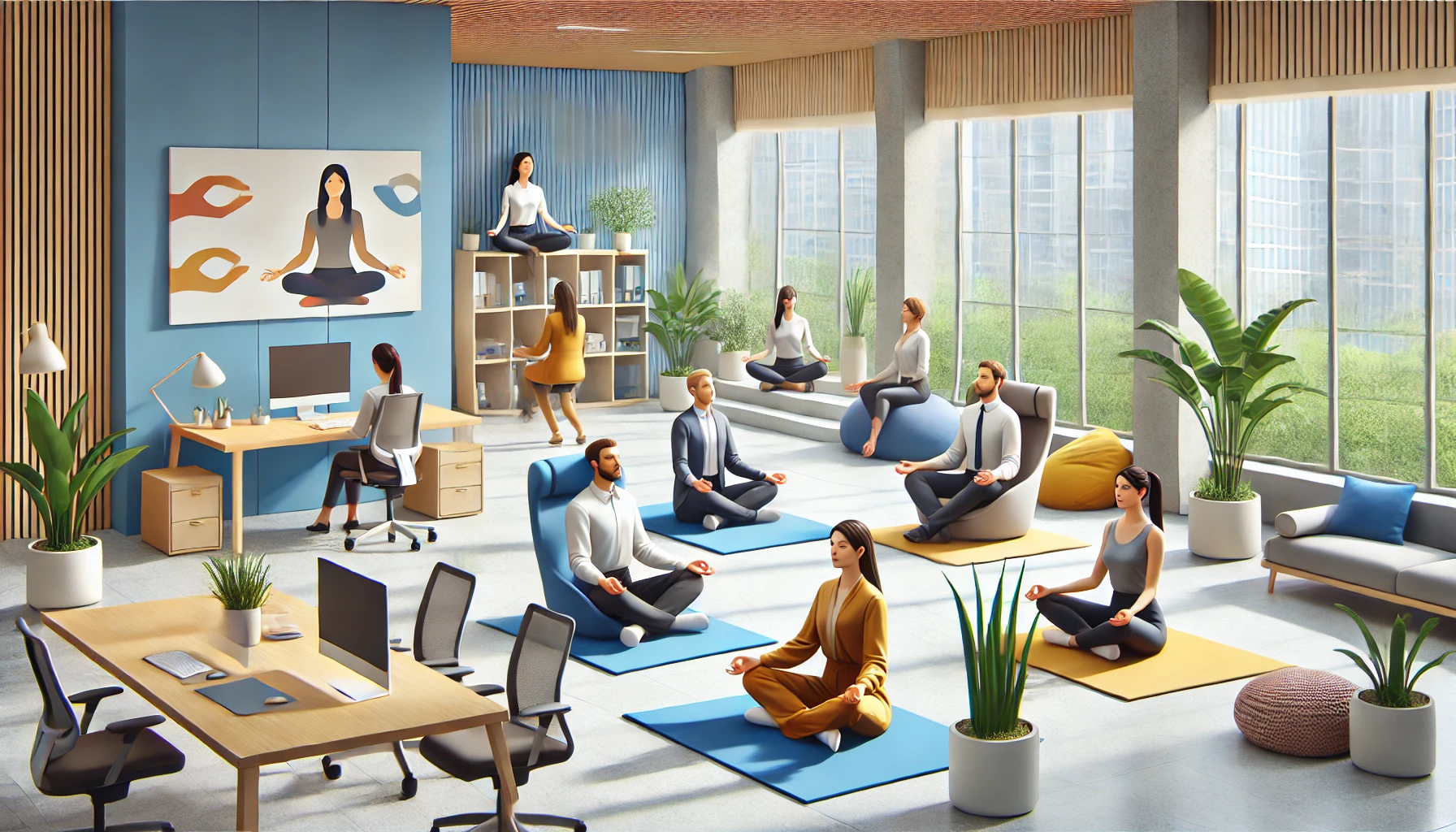 A serene office space with employees practicing mindfulness at work through meditation and yoga, surrounded by natural light, plants, and a calming atmosphere.