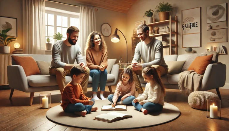 Modern family practicing mindfulness together through a gratitude activity in a cozy living room.