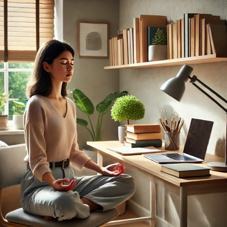 A woman sitting cross-legged in a serene home office, meditating with her eyes closed. She is surrounded by a minimalist setup, including a laptop, books, a desk lamp, and indoor plants.