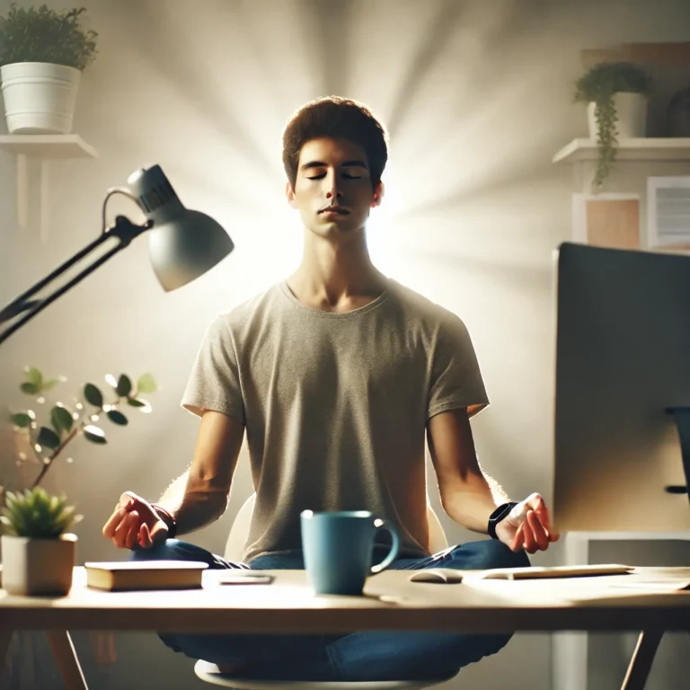 A person meditating at their desk in a serene workspace, with soft natural lighting, a cup of tea, and a small plant, embodying mindfulness and focus.