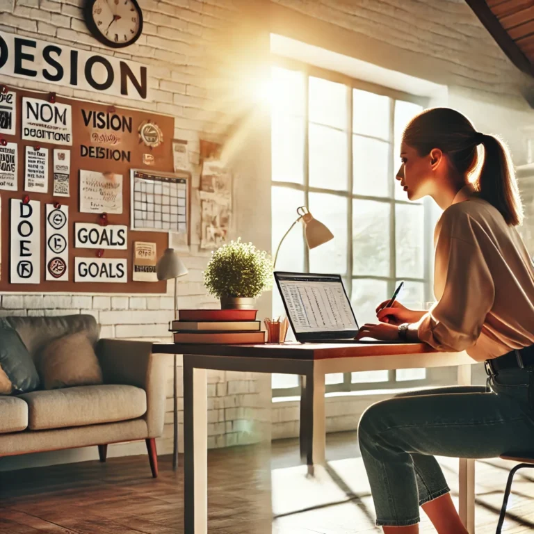 A focused individual working in a bright and organized workspace, surrounded by motivational elements like a vision board, natural light, and a neat desk, symbolizing self-motivation and productivity.